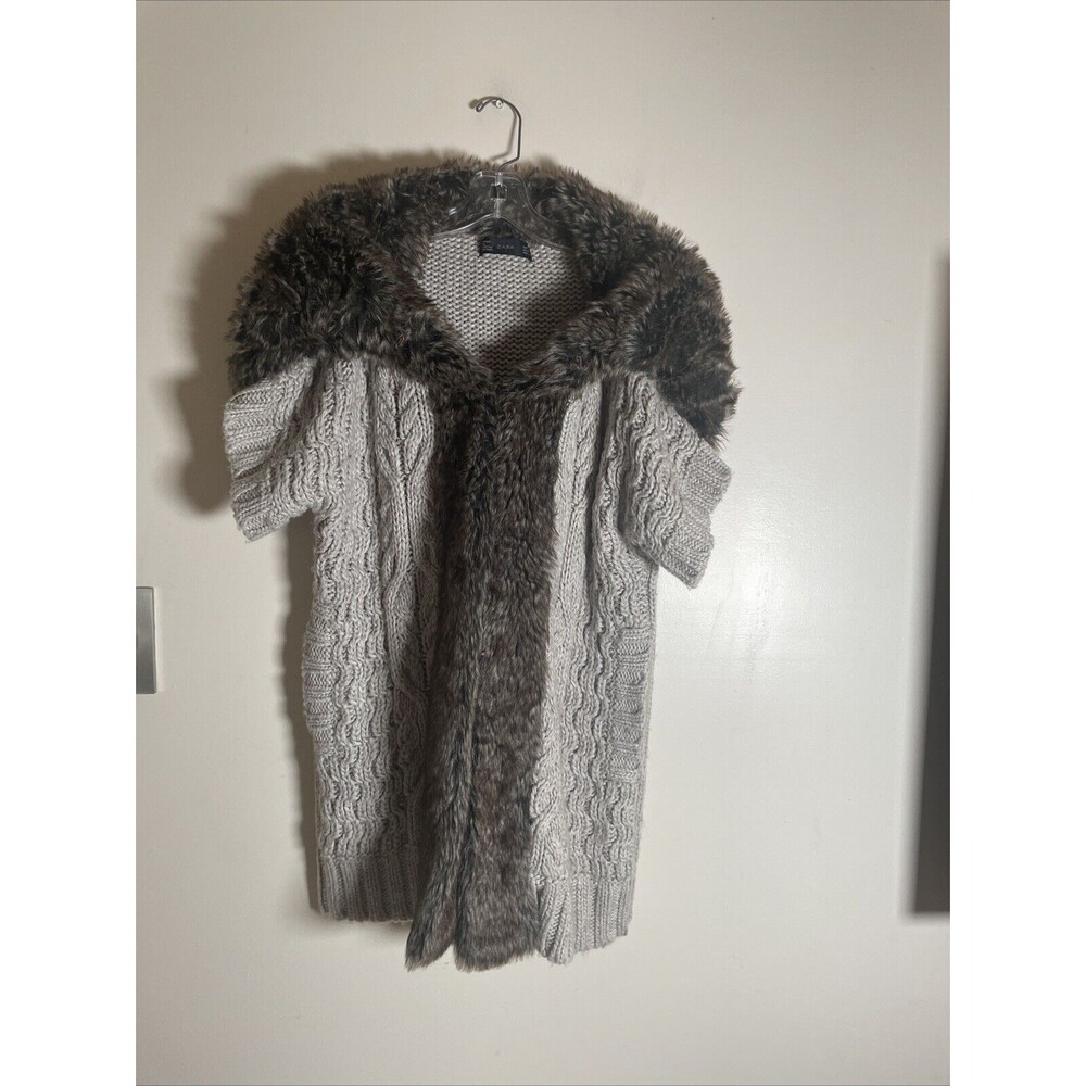 Zara Faux Fur Trim Cardigan Open Front Womens M Short Sleeve Chunky Knit A050124
